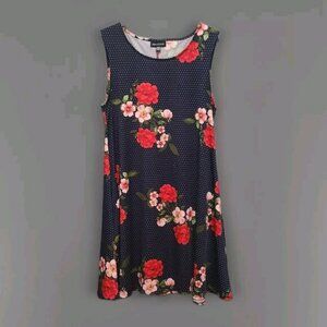 Nina Leonard Sleeveless Navy Blue Pink Floral Polka Dot Swing Dress Pockets Med